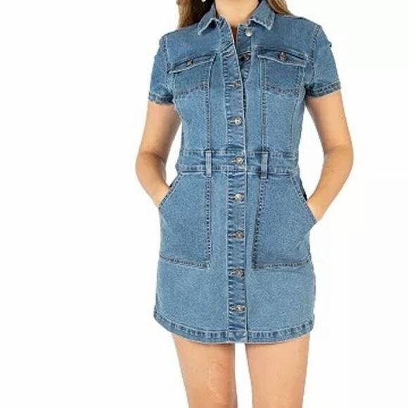 Rewash Dresses & Skirts - Peace Love Eco by Rewash Denim Mini Dress | Button Front | Short Sleeve | Size S